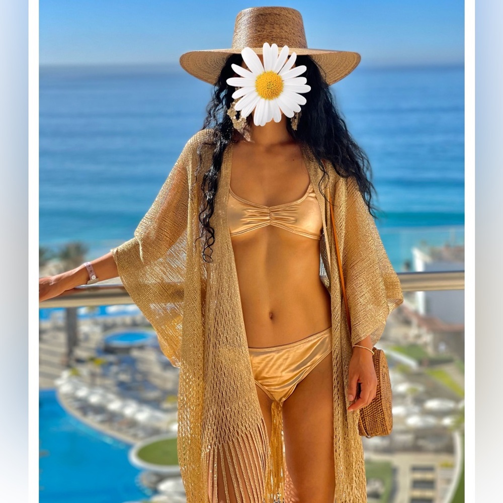 gold fringe knitted cover up boutique designer long short sleeve